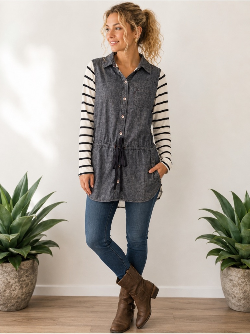 Anthropologie Postmark Rowena Chambray Striped Collared Tunic XS